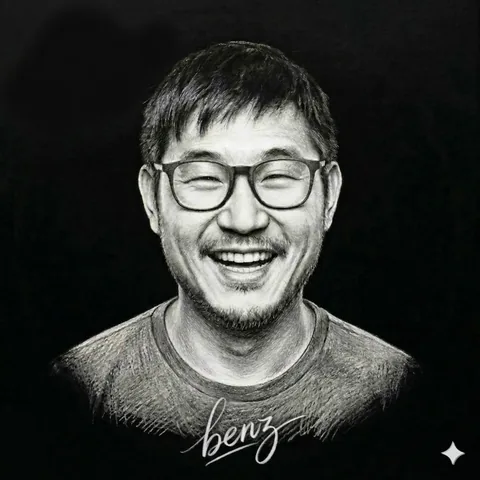 Scratchboard portrait of Ben Zhou, white line on black, signed benz.