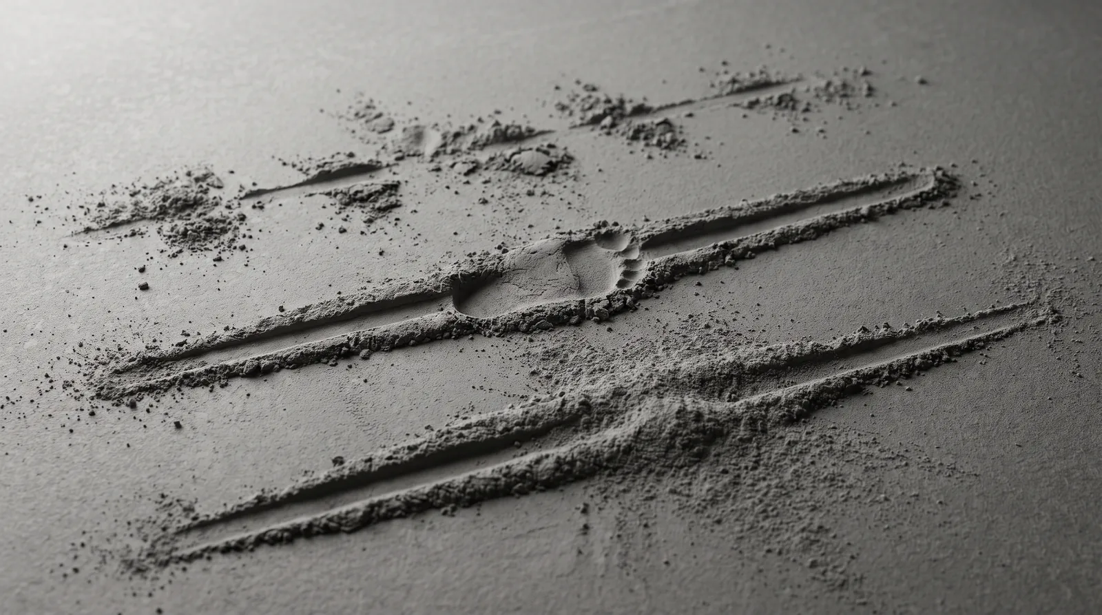The same three lines traced in loose dust, already broken up and trodden through.