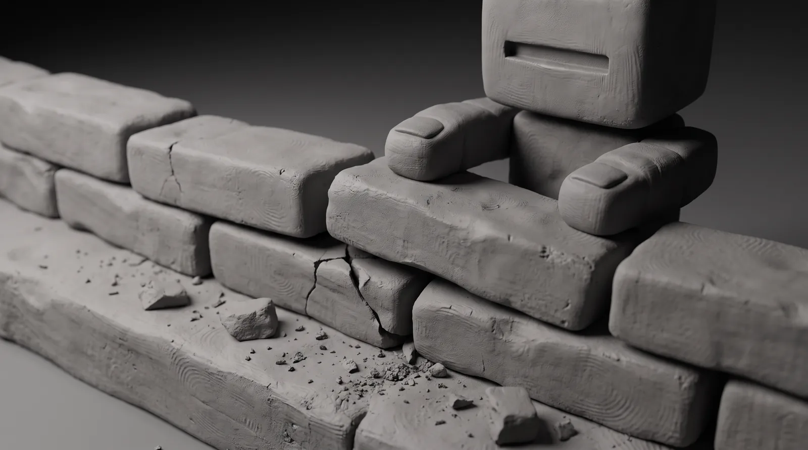 A clay robot presses a brick onto a crooked, cracked course by eye with no tool.