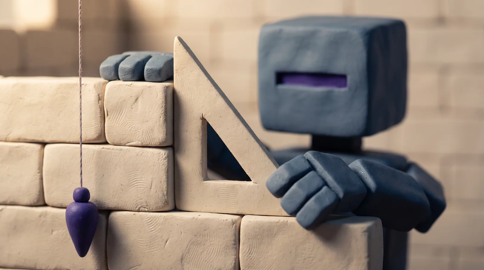 A clay robot checks a course of bricks with a set square and plumb line.