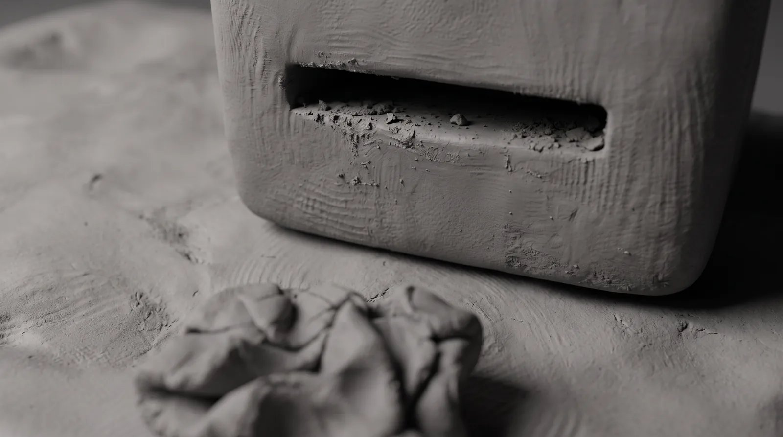 An empty clay slot clogged with dust, a crumpled unreadable wad on the ground below.