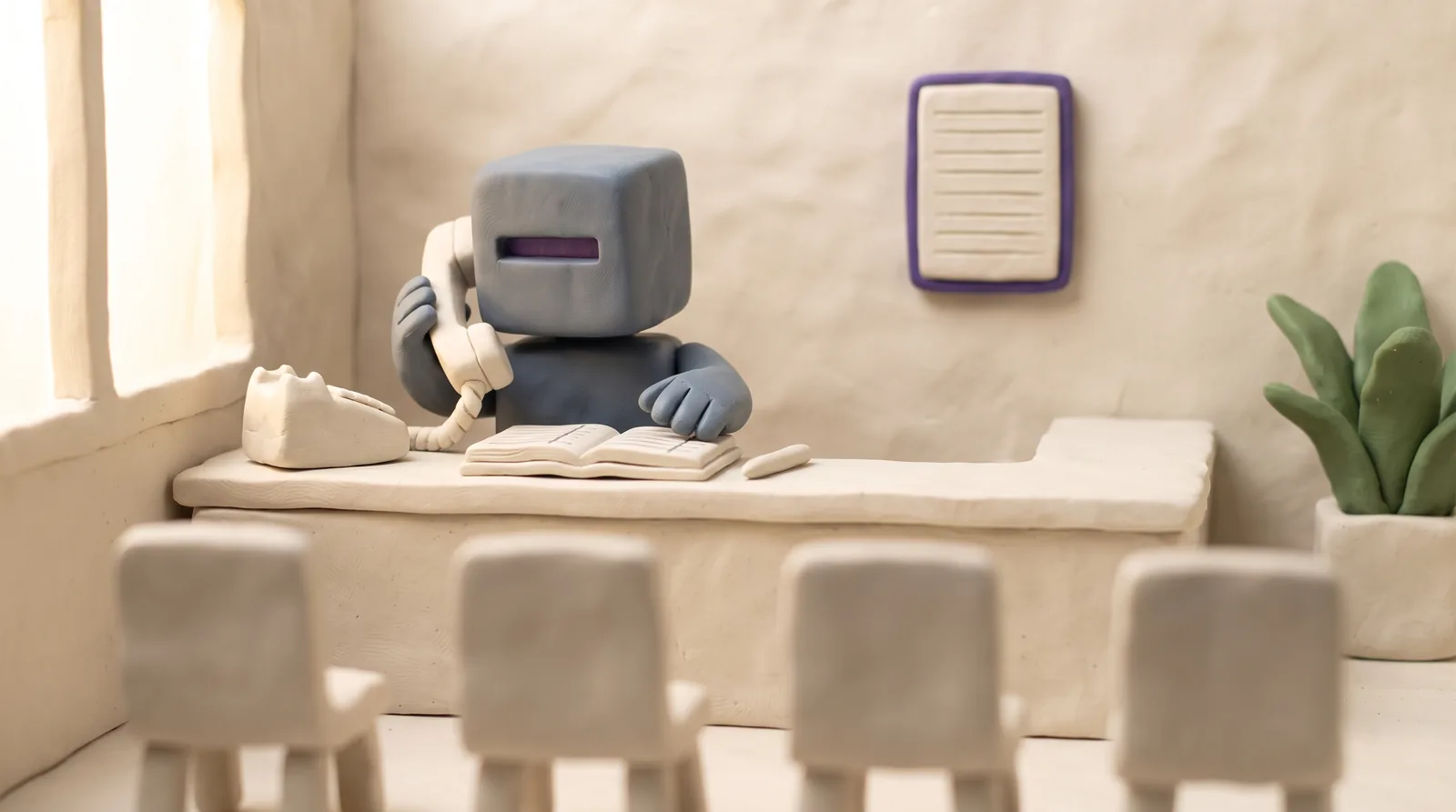 Stop-motion clay scene: a clay figure at a small reception counter holds a clay telephone, an open appointment book in front of it, a row of tiny clay chairs waiting.