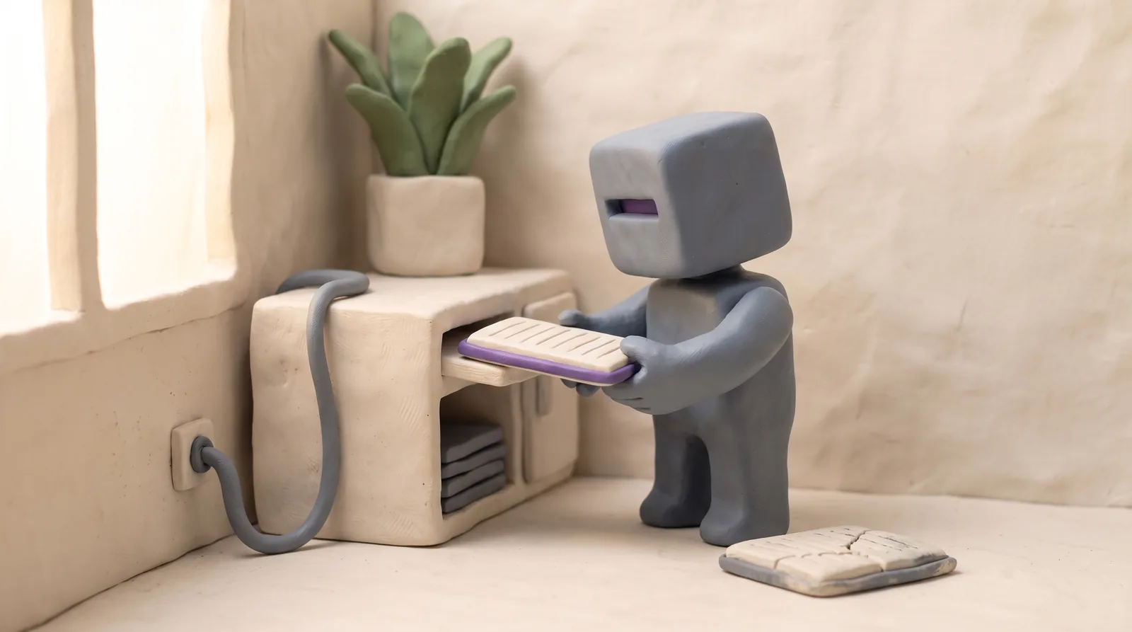 Stop-motion clay scene: a clay figure beside a small cabinet of machines swaps a cracked ruled tablet for a fresh one.