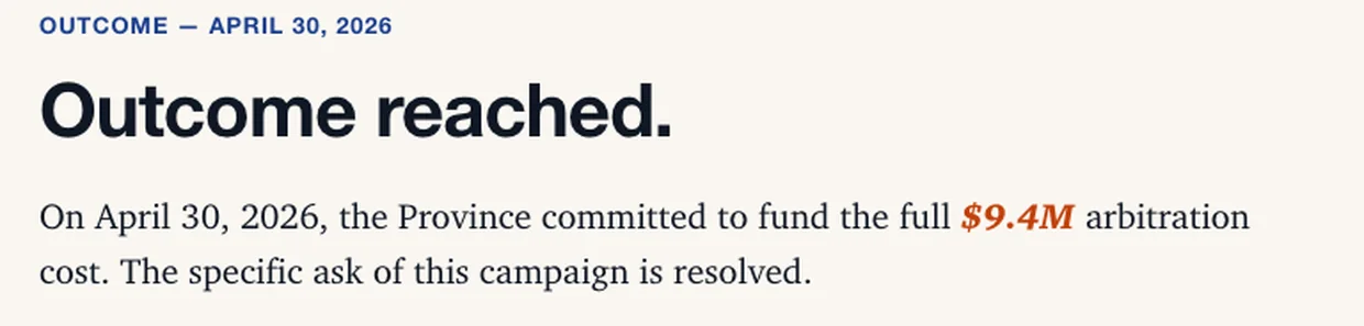 The campaign site, showing the outcome reached and the signature count.